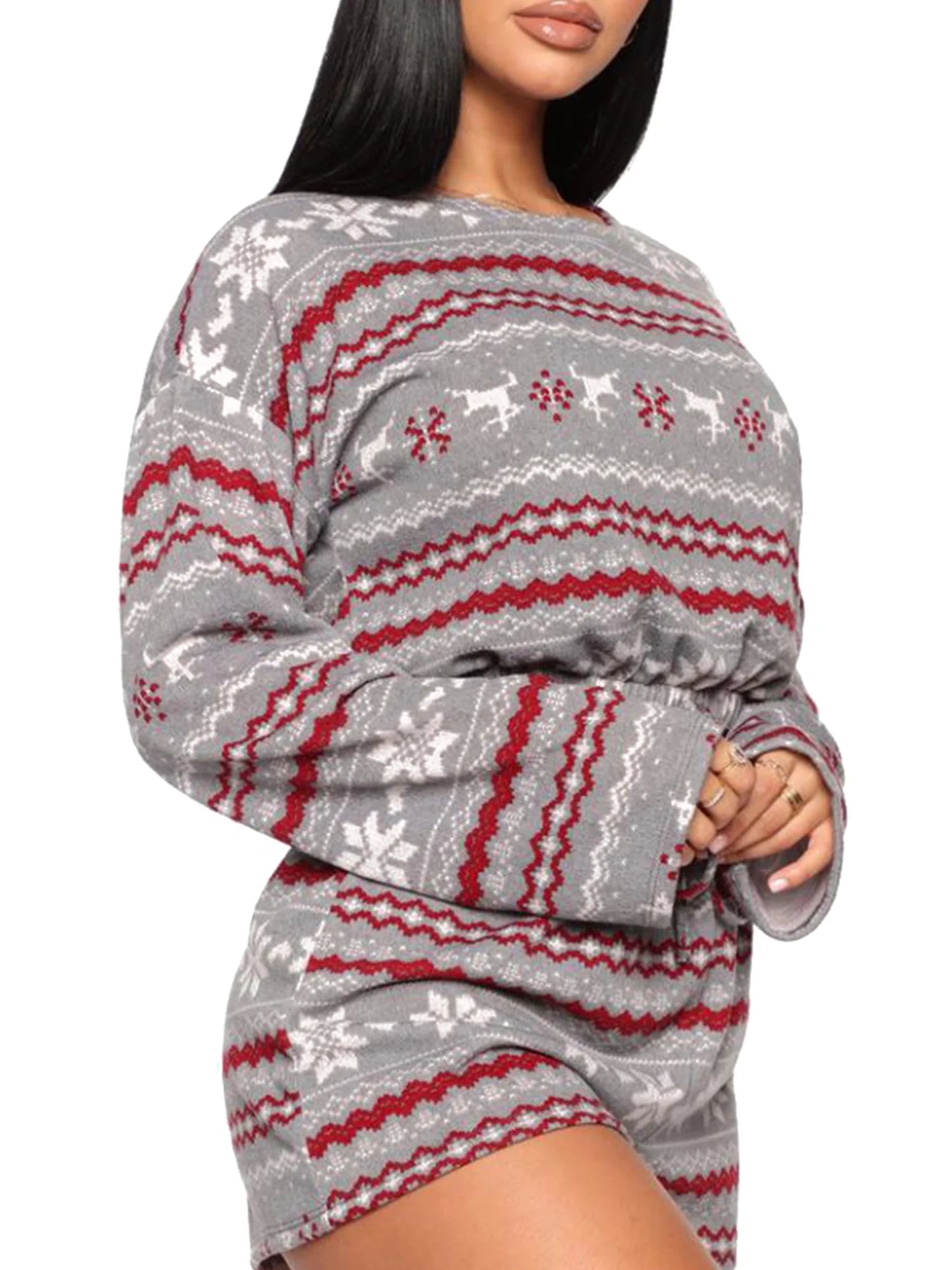 2Pcs Women Christmas Pajama Set Long Sleeve Crop Top Shorts Xmas Snowflake Print Knit Homewear