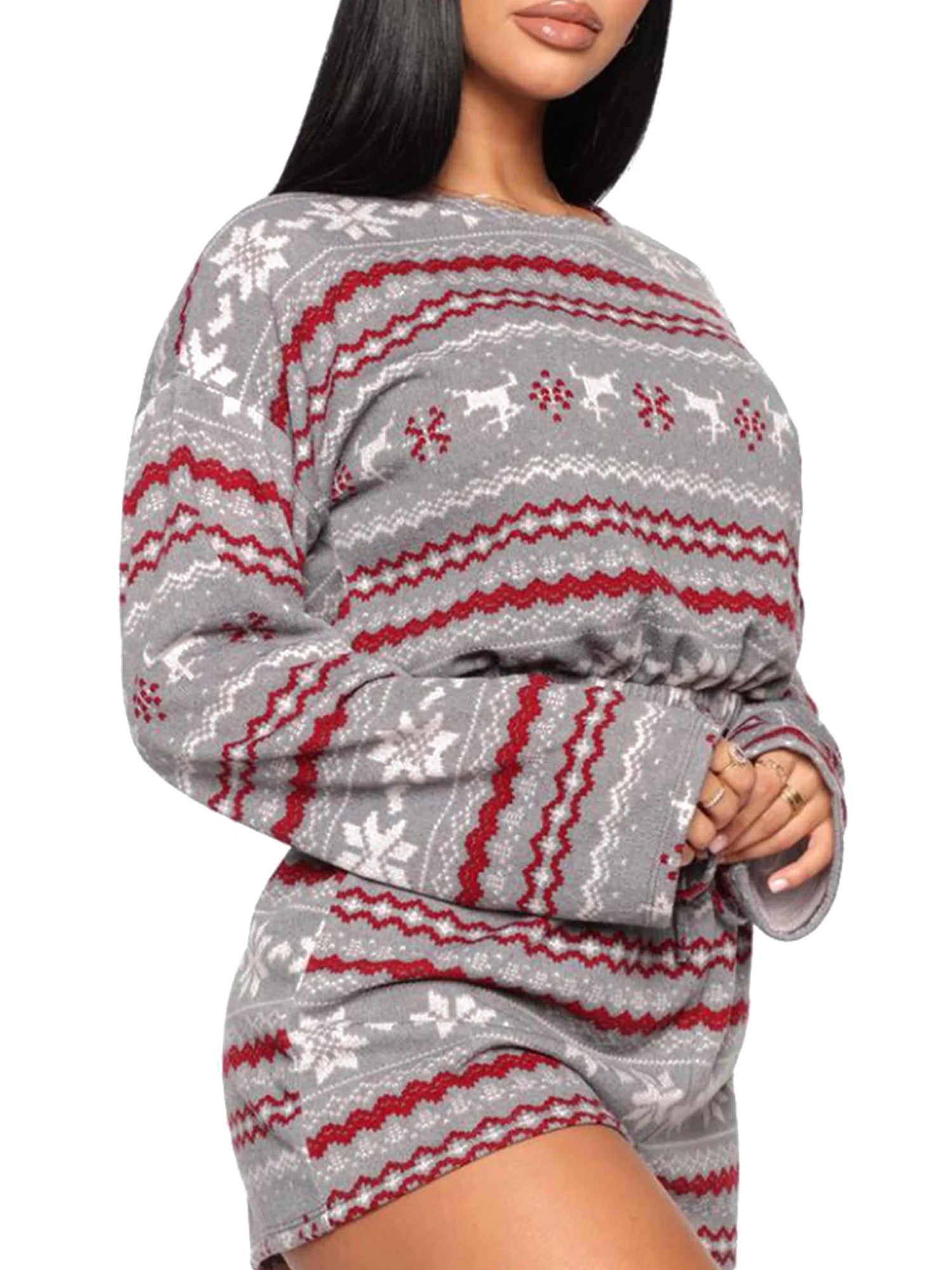 2Pcs Women Christmas Pajama Set Long Sleeve Crop Top Shorts Xmas Snowflake Print Knit Homewear