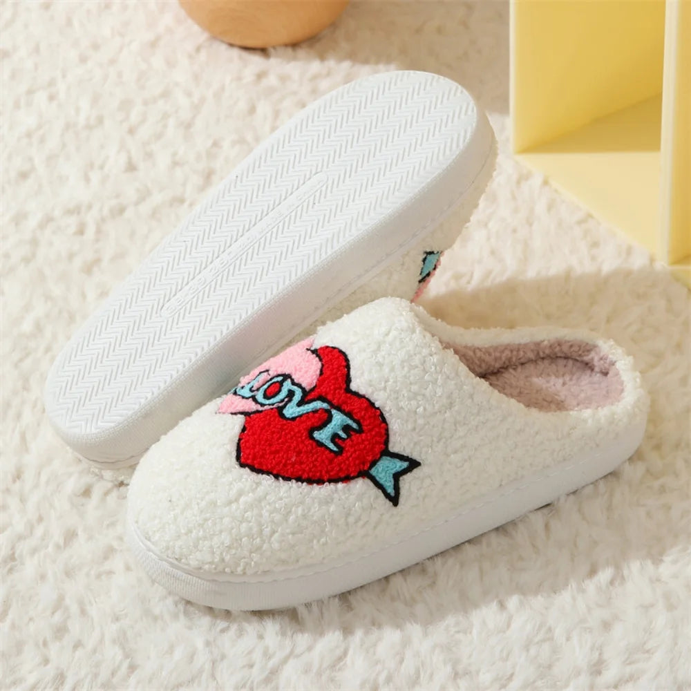 Cute Valentine'S Day Slippers for Women Soft Plush Comfy Warm Slip-On Rose Heart Love Couple Slippers Fo Women Indoor Fluffy House Slippers for Women and Men Non-Slip Fuzzy Flat Slides