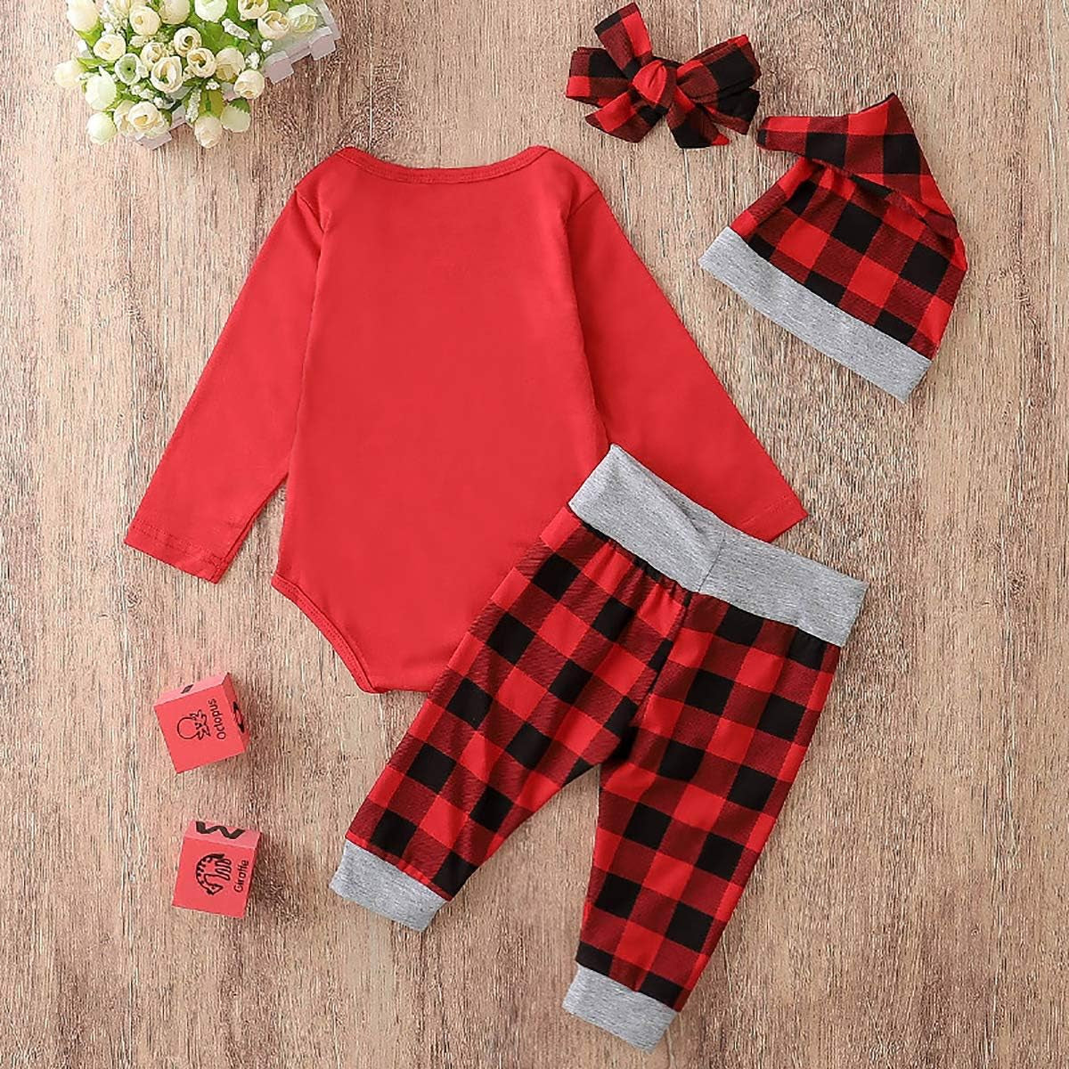 My First Christmas Outfit Baby Girl Boy Christmas Tree Romper Bodysuit Tops Buffalo Plaid Pants and Hat Headband