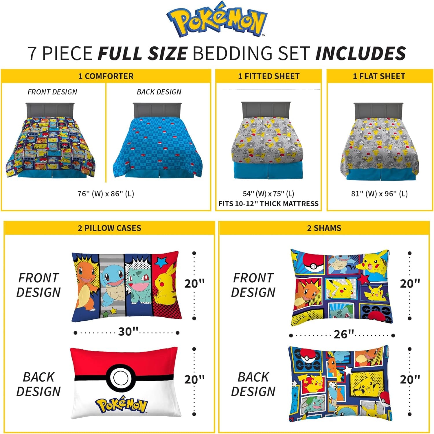 Kids Bedding Super Soft Comforter and Sheet Set with Sham, 7 Piece Full Size, Pokemon