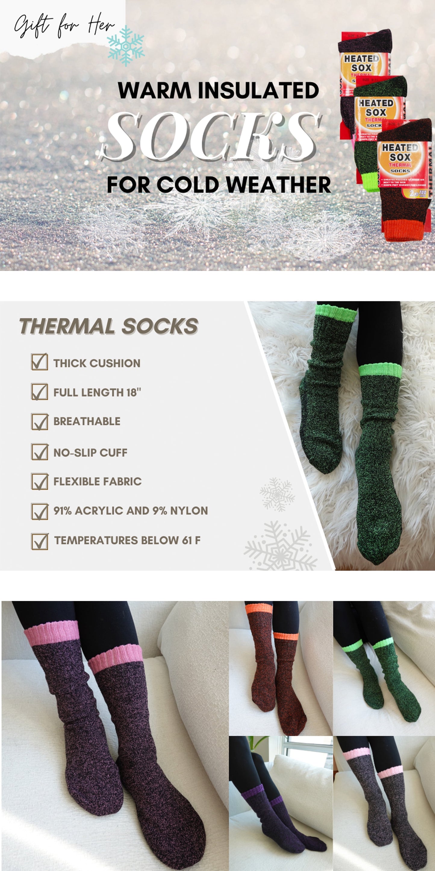 Women'S Thermal Socks Size 9-11 Warm Winter Heated Sox Insulated Feet Pair of 1-3 Packs