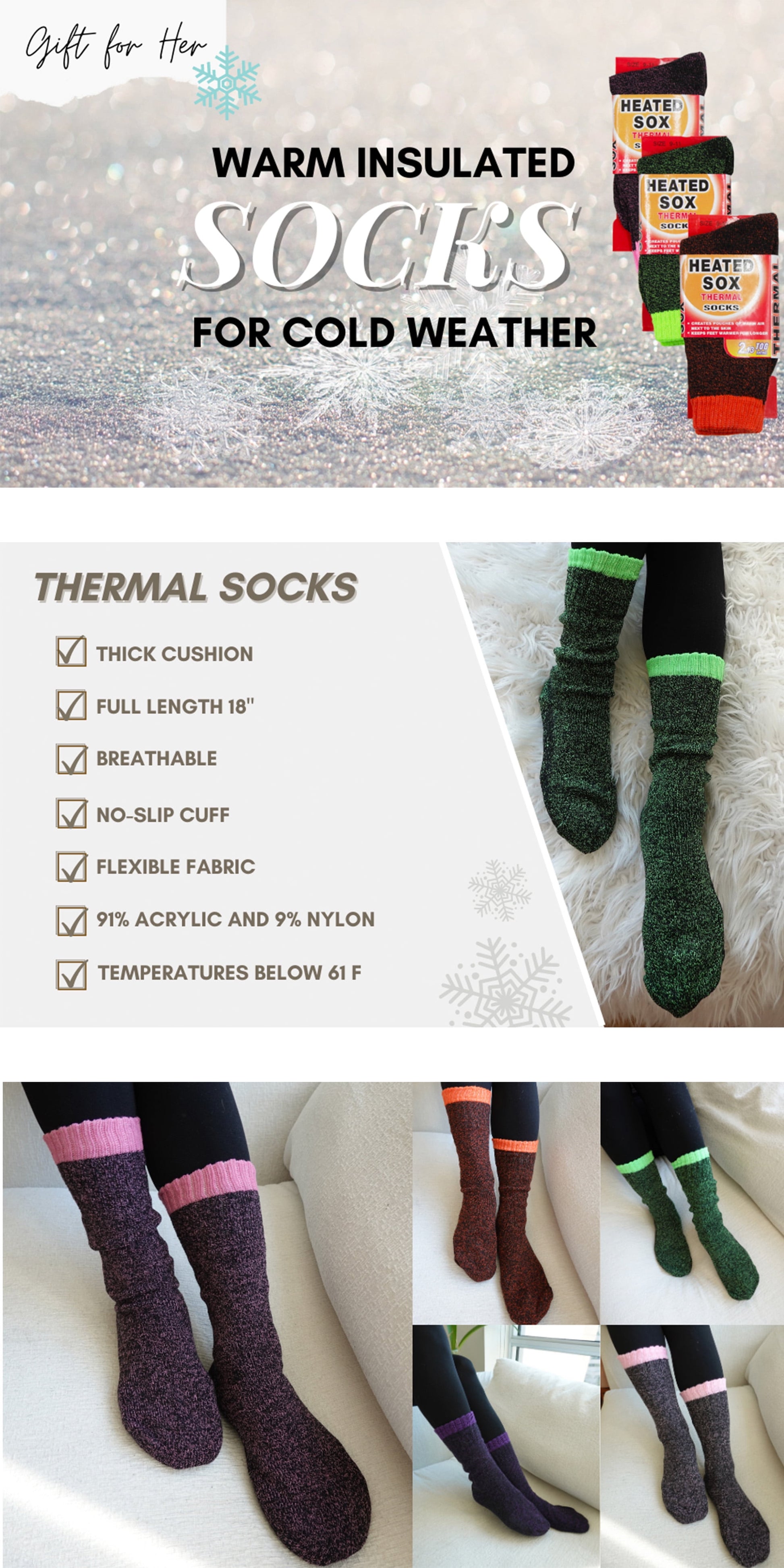 Women'S Thermal Socks Size 9-11 Warm Winter Heated Sox Insulated Feet Pair of 1-3 Packs