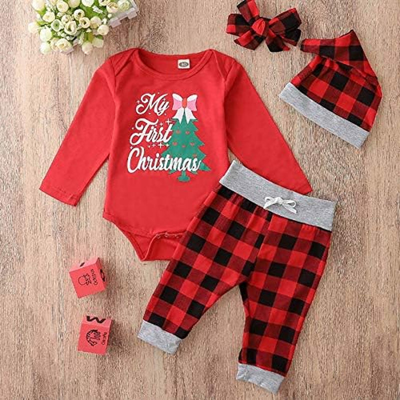 My First Christmas Outfit Baby Girl Boy Christmas Tree Romper Bodysuit Tops Buffalo Plaid Pants and Hat Headband