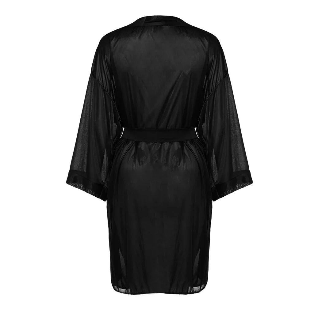 Pajama Set for Women Women Black Silk Satin Kimono Robe Lace Bathrobe Lingerie Sleepwear Pajamas Black M