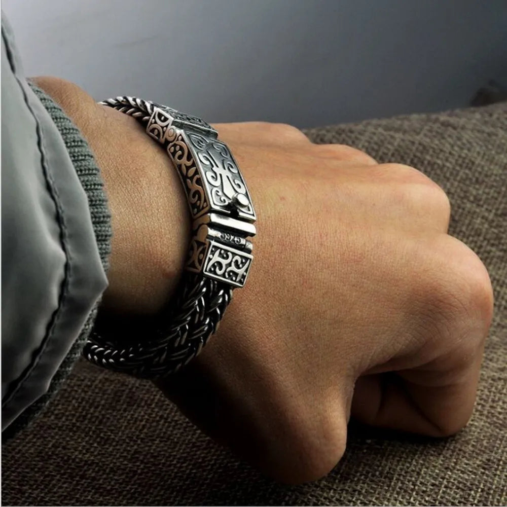 New Real Solid S925 Pure Silver Bracelet for Man Personality Woven Bracelet Domineering Retro Fashion Holiday Gifts