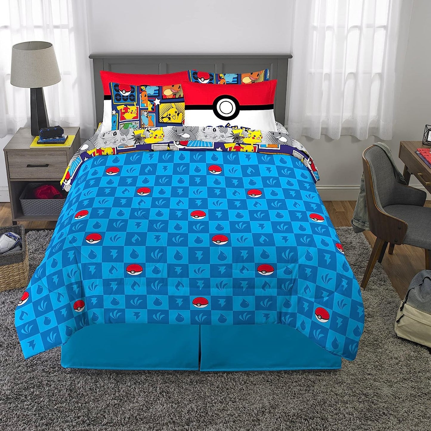 Kids Bedding Super Soft Comforter and Sheet Set with Sham, 7 Piece Full Size, Pokemon