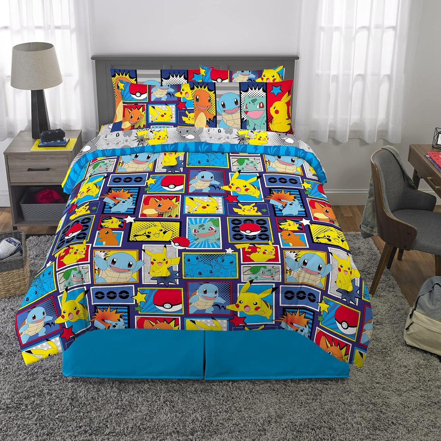 Kids Bedding Super Soft Comforter and Sheet Set with Sham, 7 Piece Full Size, Pokemon