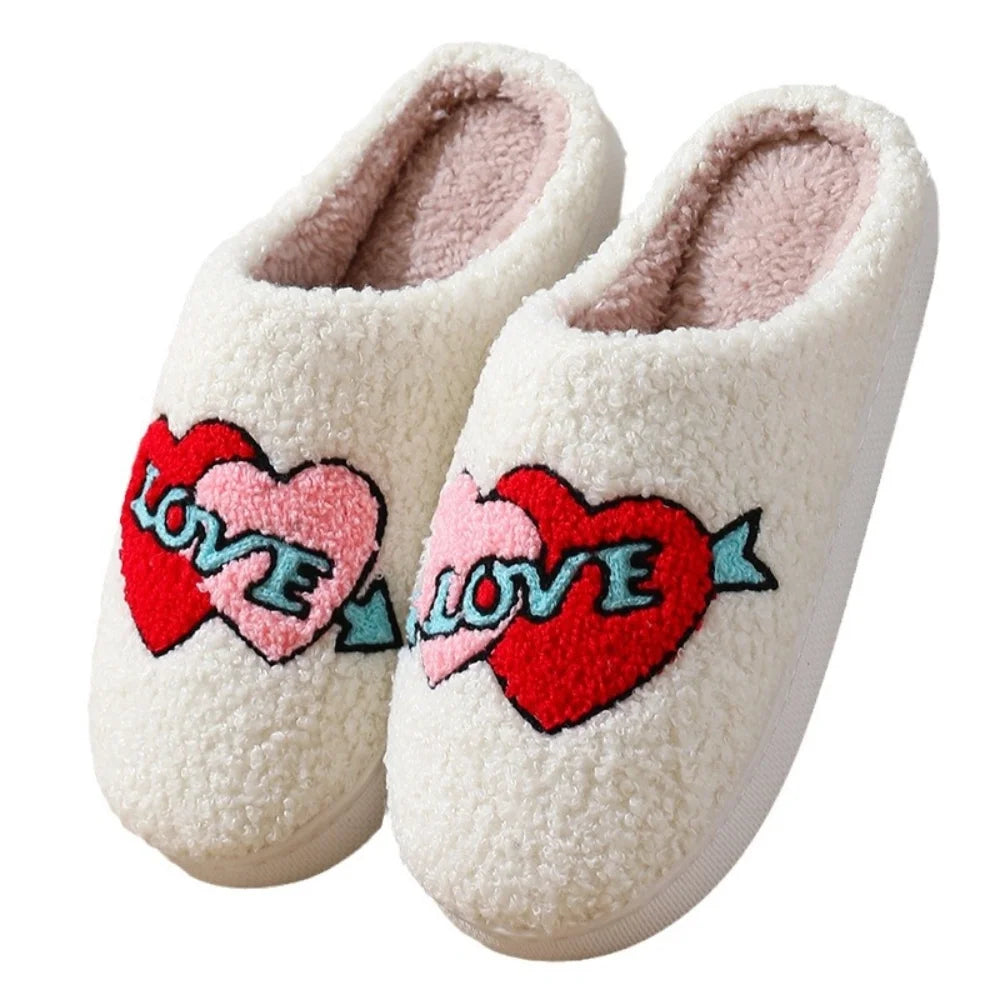 Cute Valentine'S Day Slippers for Women Soft Plush Comfy Warm Slip-On Rose Heart Love Couple Slippers Fo Women Indoor Fluffy House Slippers for Women and Men Non-Slip Fuzzy Flat Slides