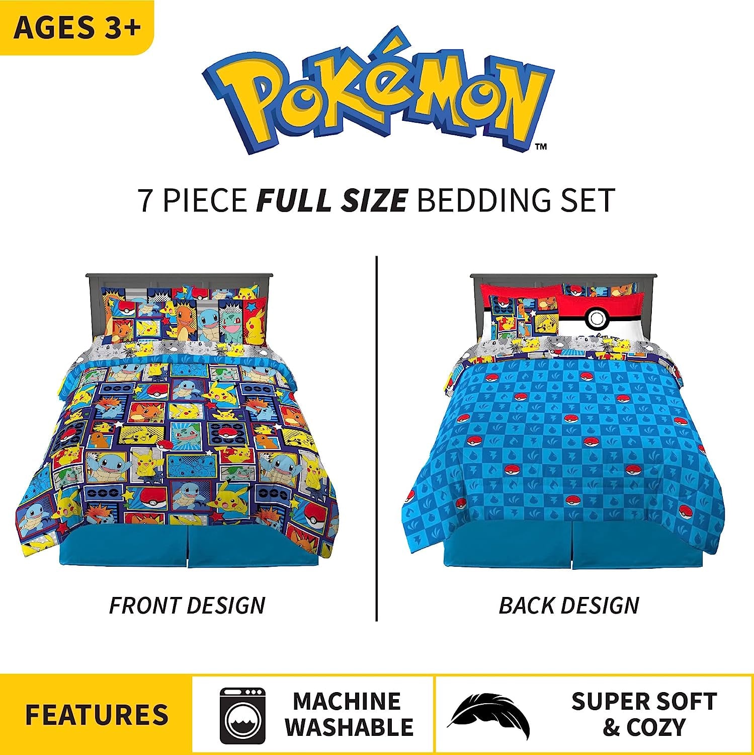 Kids Bedding Super Soft Comforter and Sheet Set with Sham, 7 Piece Full Size, Pokemon