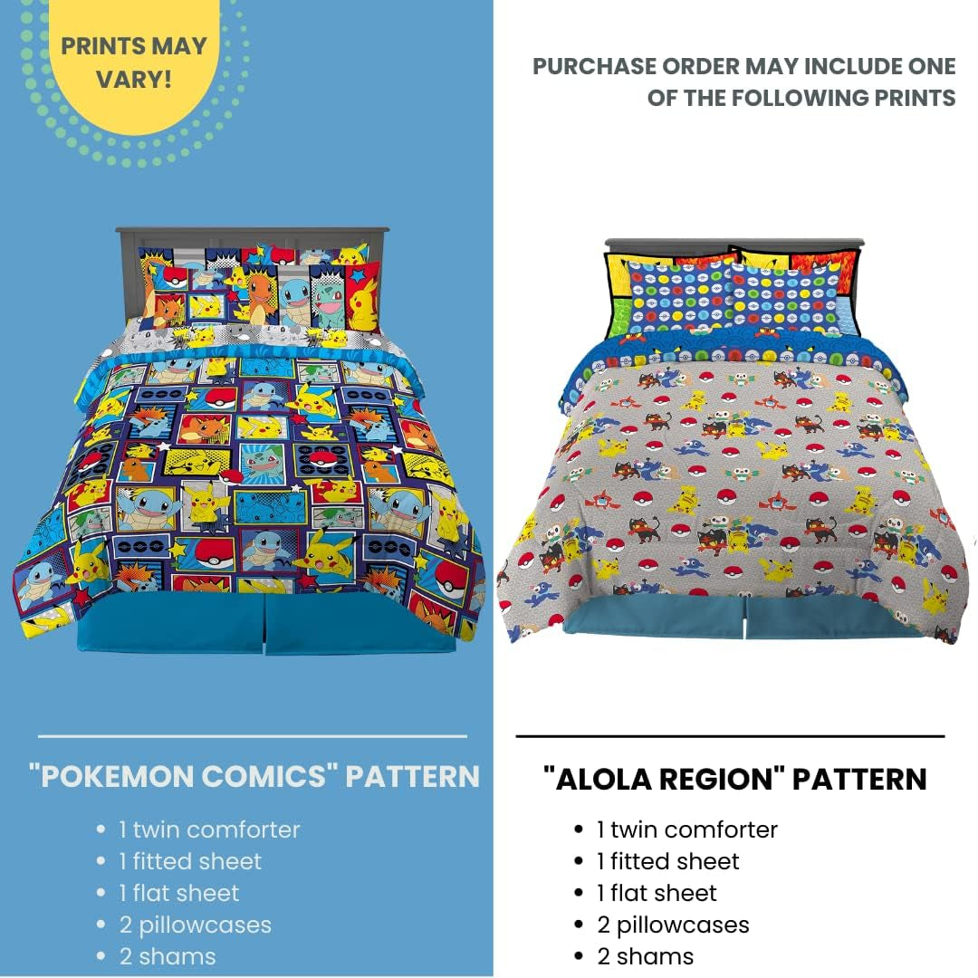 Kids Bedding Super Soft Comforter and Sheet Set with Sham, 7 Piece Full Size, Pokemon