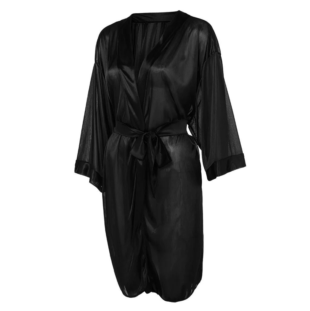 Pajama Set for Women Women Black Silk Satin Kimono Robe Lace Bathrobe Lingerie Sleepwear Pajamas Black M