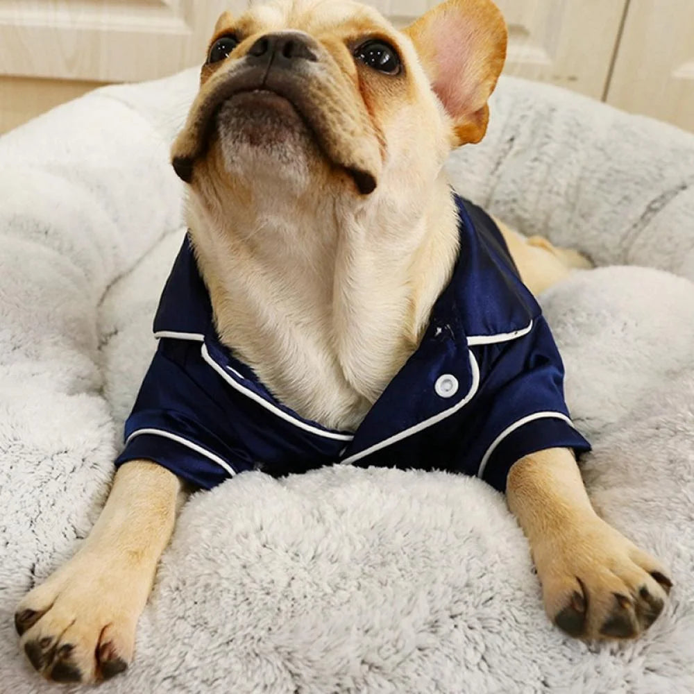 Dog Stain Silk Pajamas Clothes,Button down Short Sleeve Dog Shirts Loungewear Puppy Pjs for Yorkie Bulldog Small Medium Dog Cats,Soft Two-Legged Sleepwear Elegant Clothes,Xs-L Blue