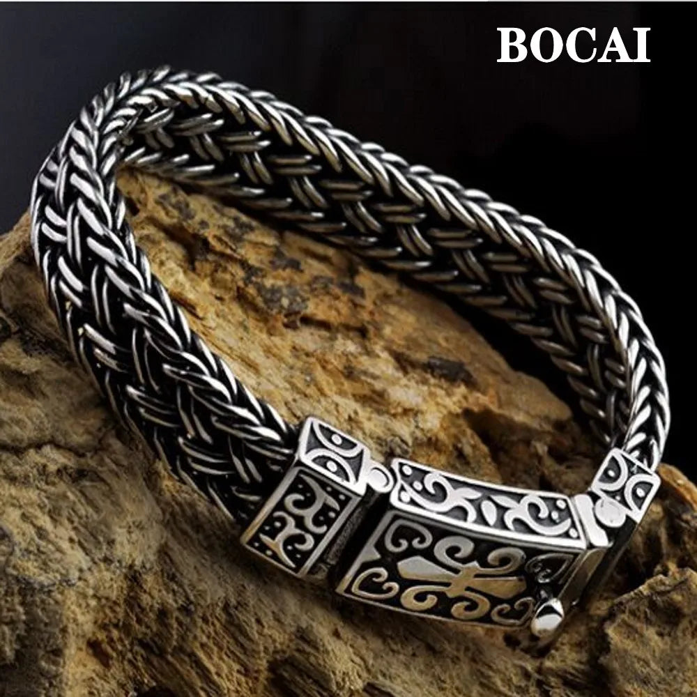 New Real Solid S925 Pure Silver Bracelet for Man Personality Woven Bracelet Domineering Retro Fashion Holiday Gifts