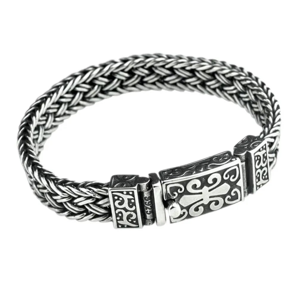 New Real Solid S925 Pure Silver Bracelet for Man Personality Woven Bracelet Domineering Retro Fashion Holiday Gifts