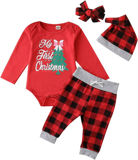 My First Christmas Outfit Baby Girl Boy Christmas Tree Romper Bodysuit Tops Buffalo Plaid Pants and Hat Headband